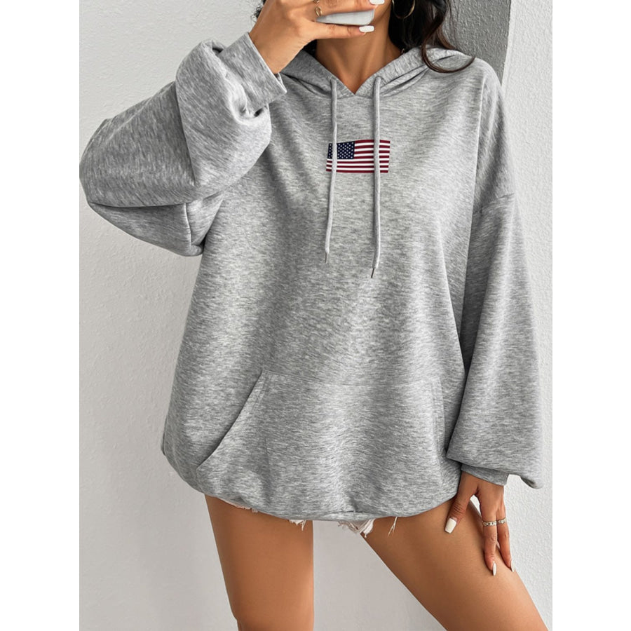 Devine Drawstring US Flag Long Sleeve Hoodie Light Gray / S Apparel and Accessories