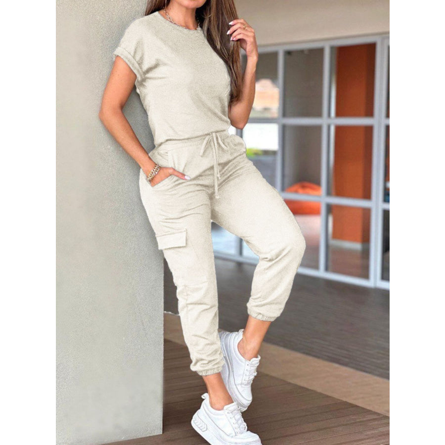 Devine Drawstring Waist Short Sleeve Jumpsuit Apparel and Accessories