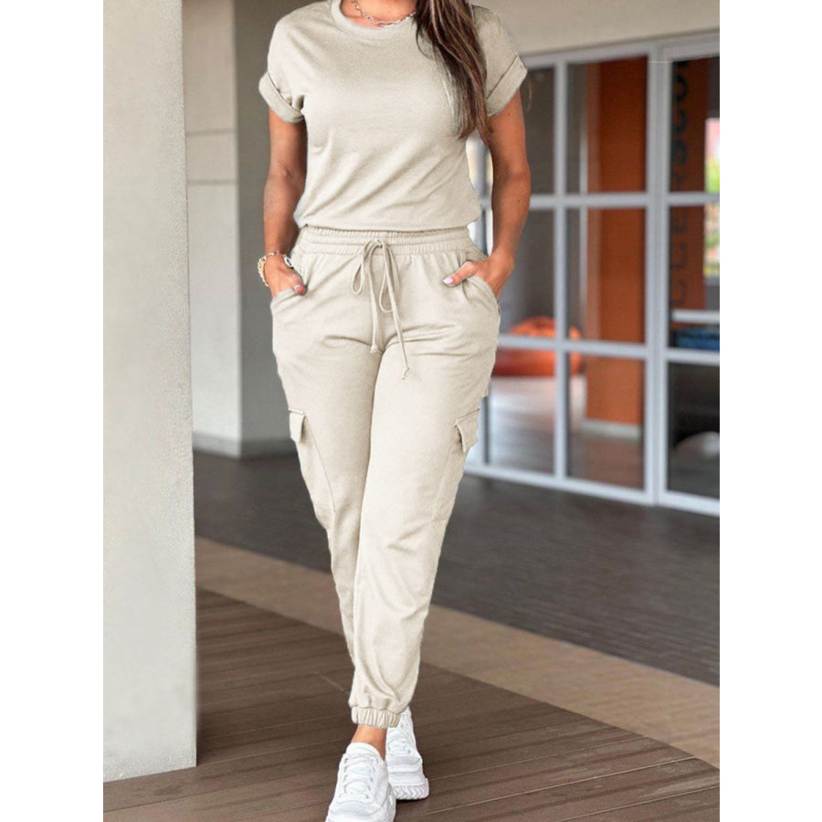 Devine Drawstring Waist Short Sleeve Jumpsuit Beige / S Apparel and Accessories