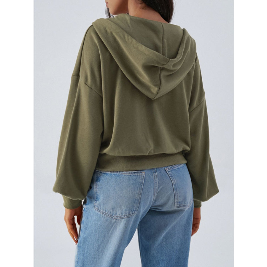 Devine Drawstring Zip Up Long Sleeve Hoodie Moss / S Apparel and Accessories