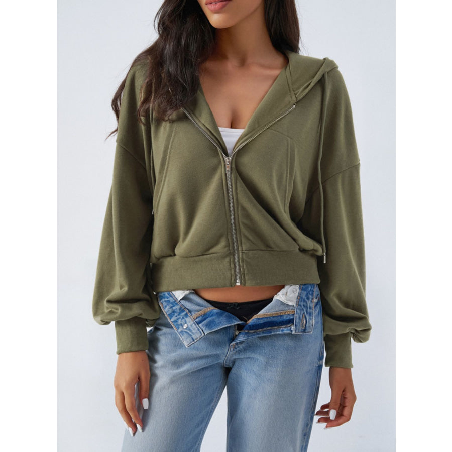 Devine Drawstring Zip Up Long Sleeve Hoodie Apparel and Accessories