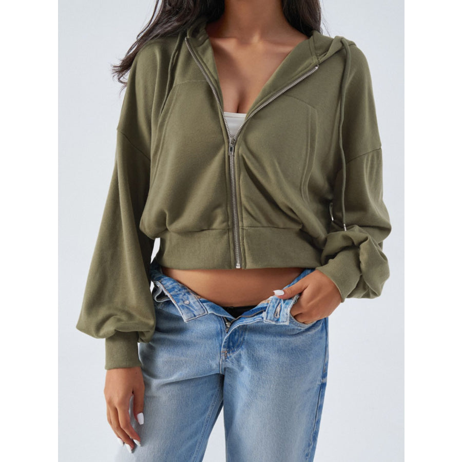 Devine Drawstring Zip Up Long Sleeve Hoodie Moss / S Apparel and Accessories