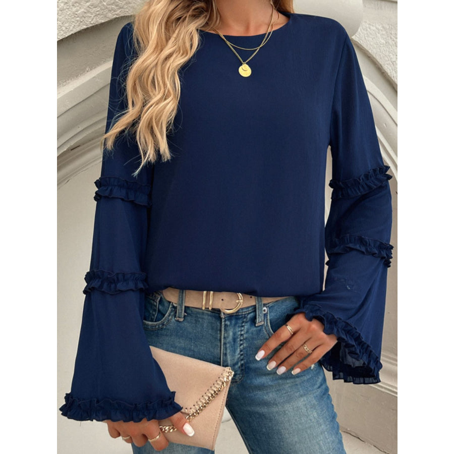 Devine Frill Round Neck Long Sleeve Top Apparel and Accessories