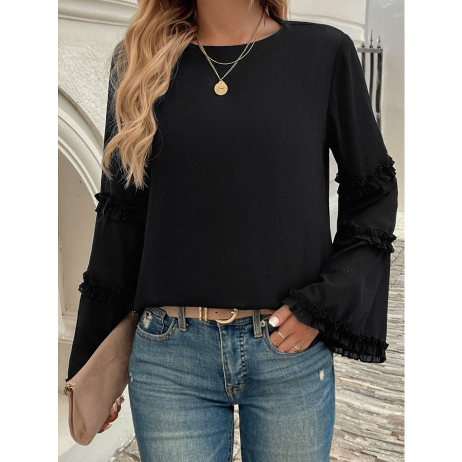 Devine Frill Round Neck Long Sleeve Top Apparel and Accessories