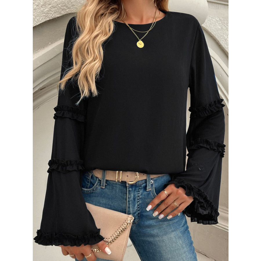 Devine Frill Round Neck Long Sleeve Top Apparel and Accessories