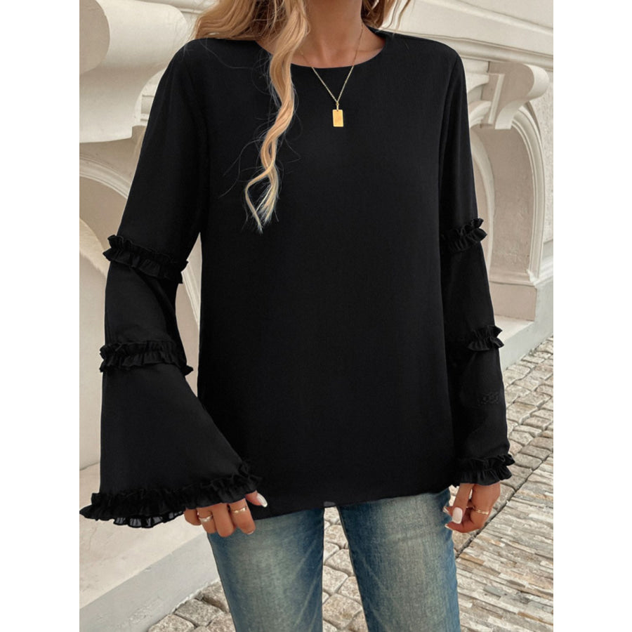 Devine Frill Round Neck Long Sleeve Top Black / S Apparel and Accessories