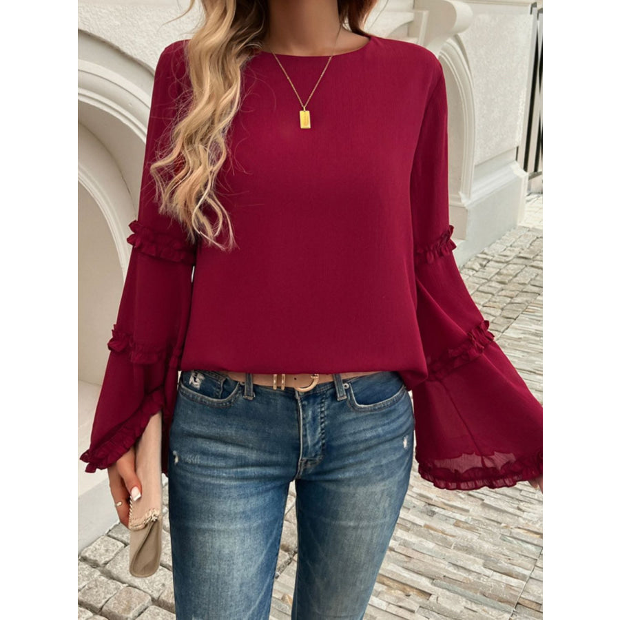 Devine Frill Round Neck Long Sleeve Top Burgundy / S Apparel and Accessories