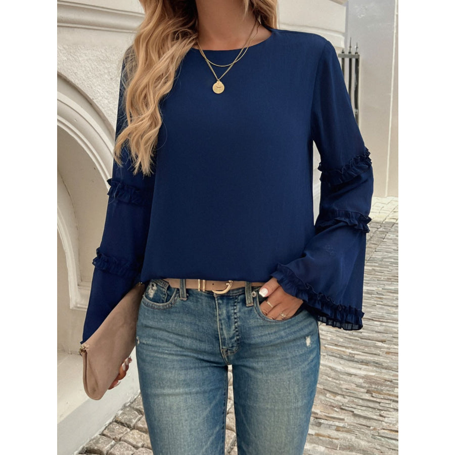 Devine Frill Round Neck Long Sleeve Top Dark Navy / S Apparel and Accessories