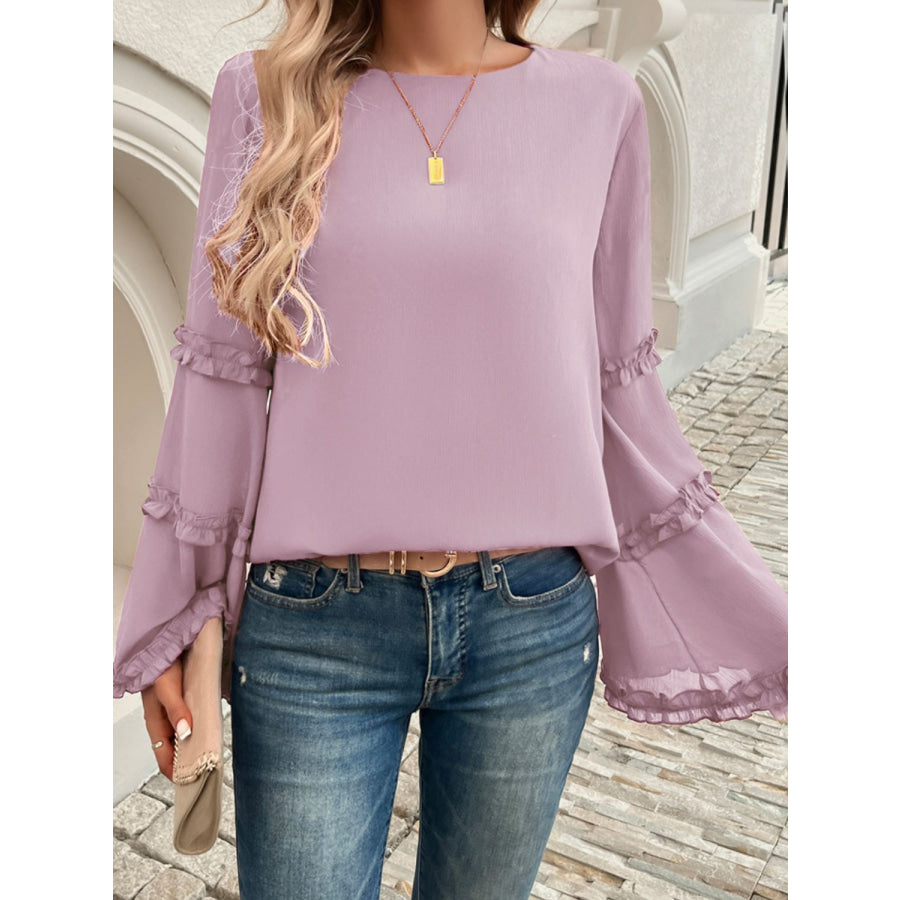 Devine Frill Round Neck Long Sleeve Top Pink Purple / S Apparel and Accessories