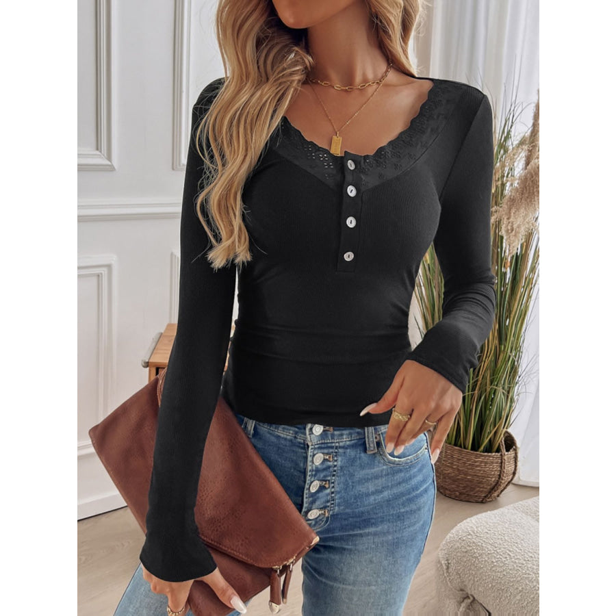 Devine Lace Detail Round Neck Long Sleeve T-Shirt Apparel and Accessories