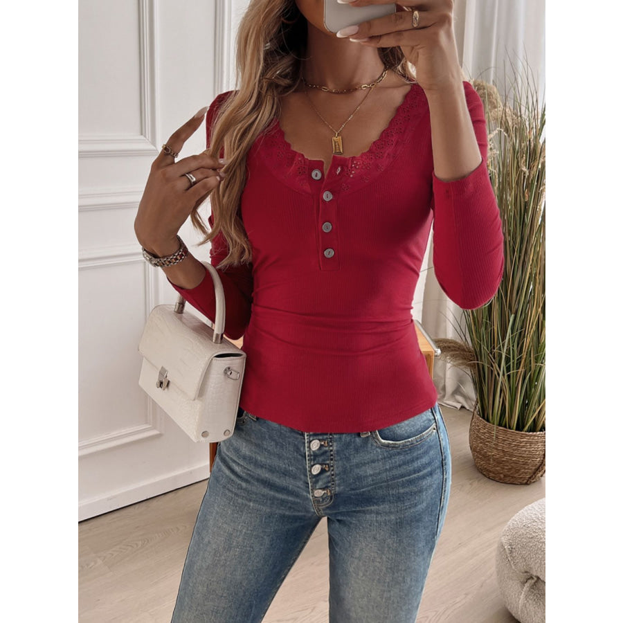 Devine Lace Detail Round Neck Long Sleeve T-Shirt Apparel and Accessories