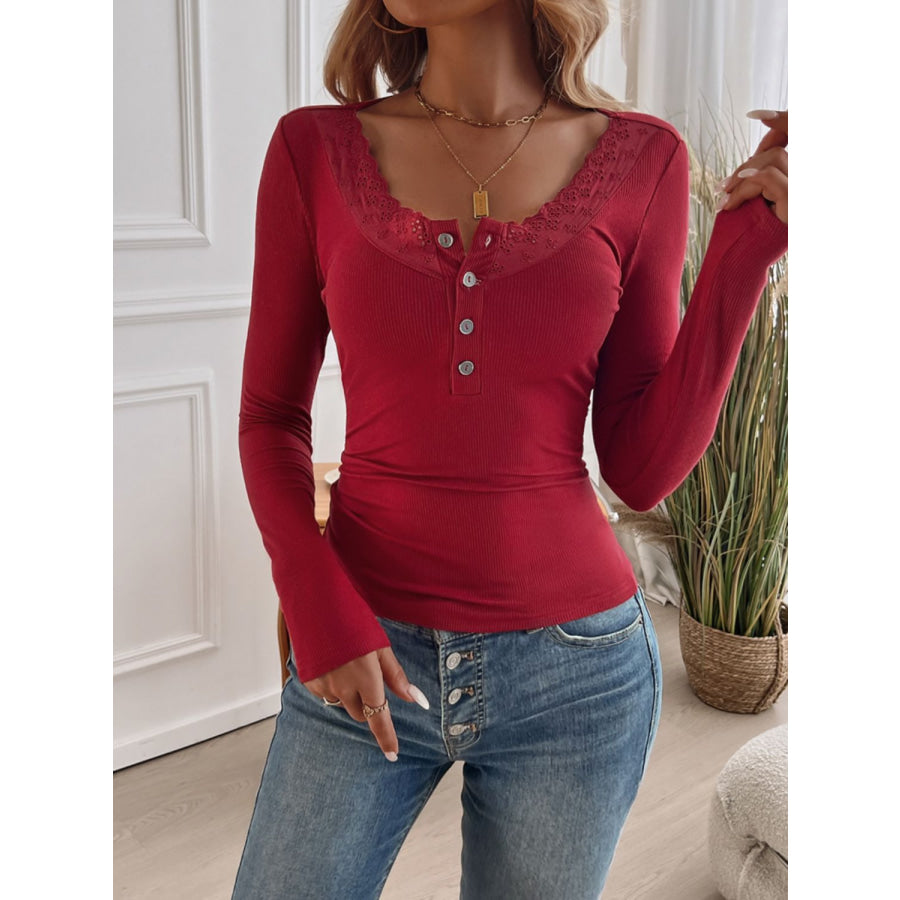 Devine Lace Detail Round Neck Long Sleeve T-Shirt Apparel and Accessories