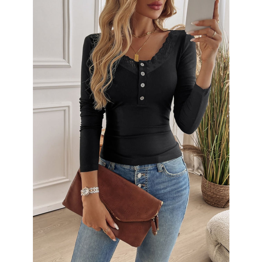 Devine Lace Detail Round Neck Long Sleeve T-Shirt Apparel and Accessories