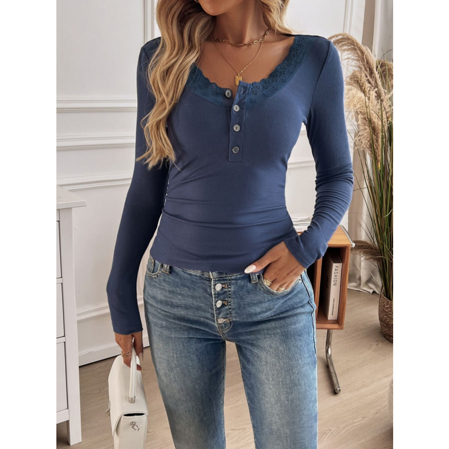 Devine Lace Detail Round Neck Long Sleeve T-Shirt Apparel and Accessories