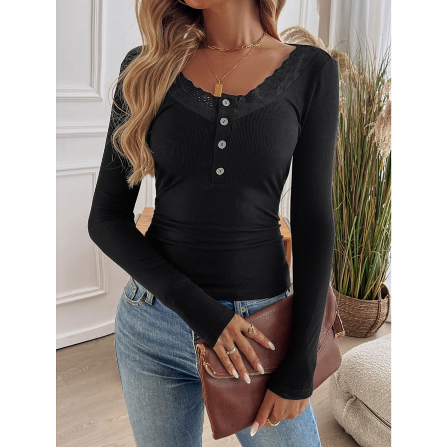 Devine Lace Detail Round Neck Long Sleeve T-Shirt Black / S Apparel and Accessories