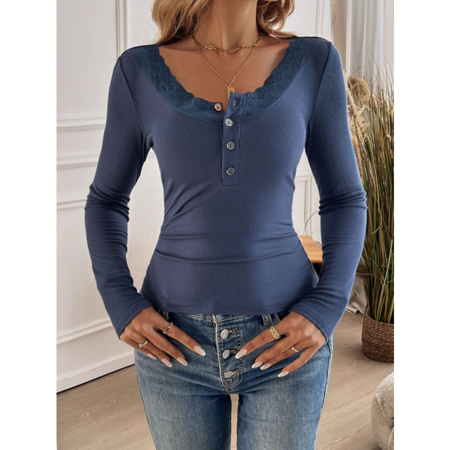 Devine Lace Detail Round Neck Long Sleeve T-Shirt Dusty Blue / S Apparel and Accessories