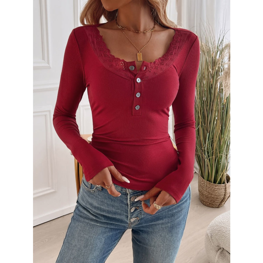 Devine Lace Detail Round Neck Long Sleeve T-Shirt Scarlet / S Apparel and Accessories