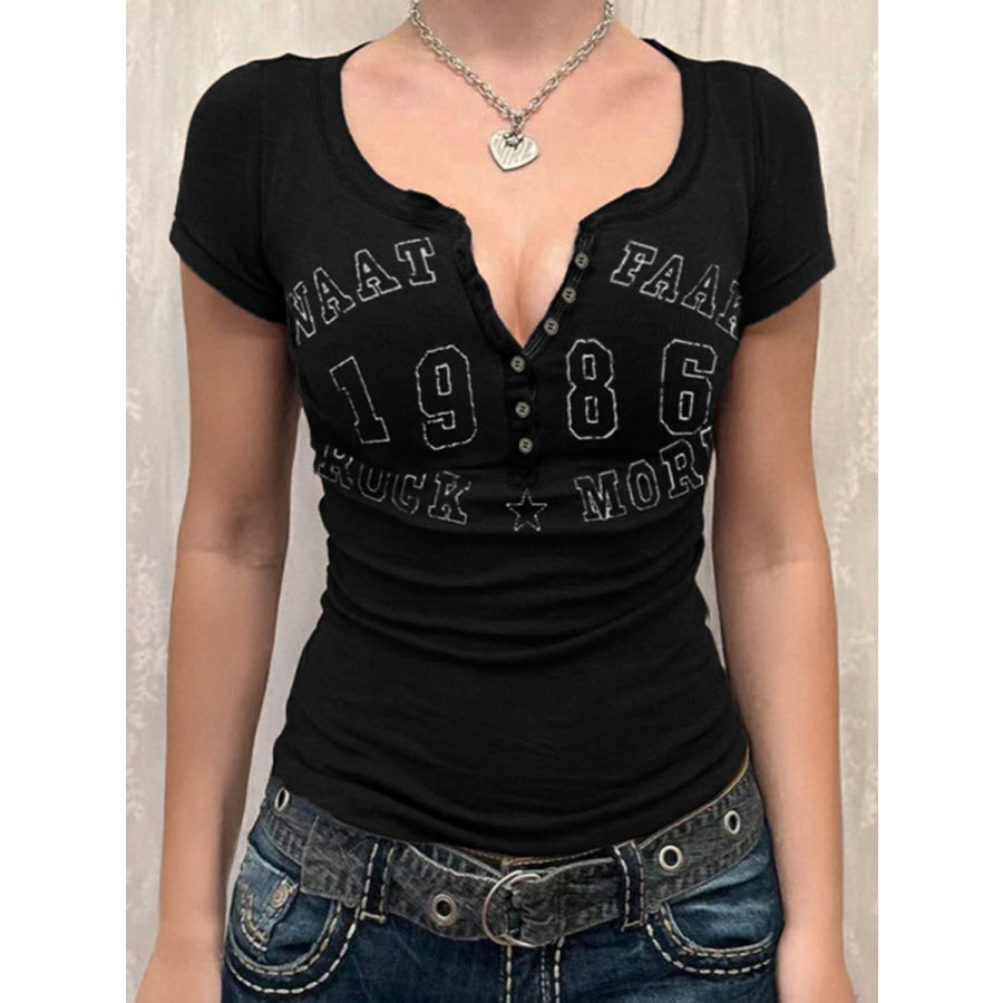 Devine Letter Notched Short Sleeve T-Shirt Black / S Apparel and Accessories