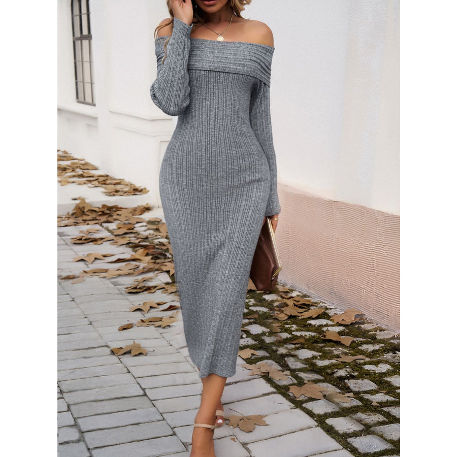 Devine Off-Shoulder Long Sleeve Wrap Dress Gray / S Apparel and Accessories