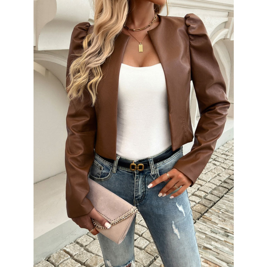 Devine Open Front Puff Sleeve Jacket Brown / S Apparel and Accessories