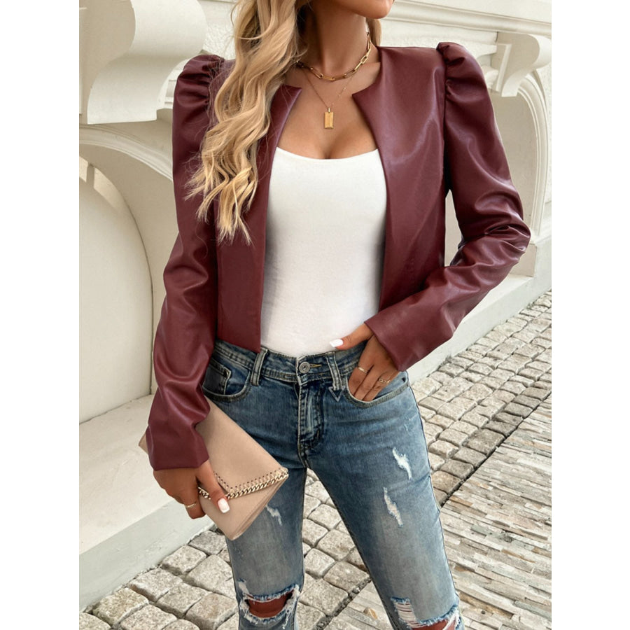 Devine Open Front Puff Sleeve Jacket Reddish Brown / S Apparel and Accessories