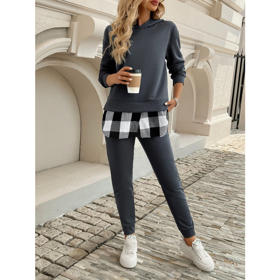 Devine Plaid Long Sleeve Hooded Top and Pants Set Dark Gray / S Apparel and Accessories