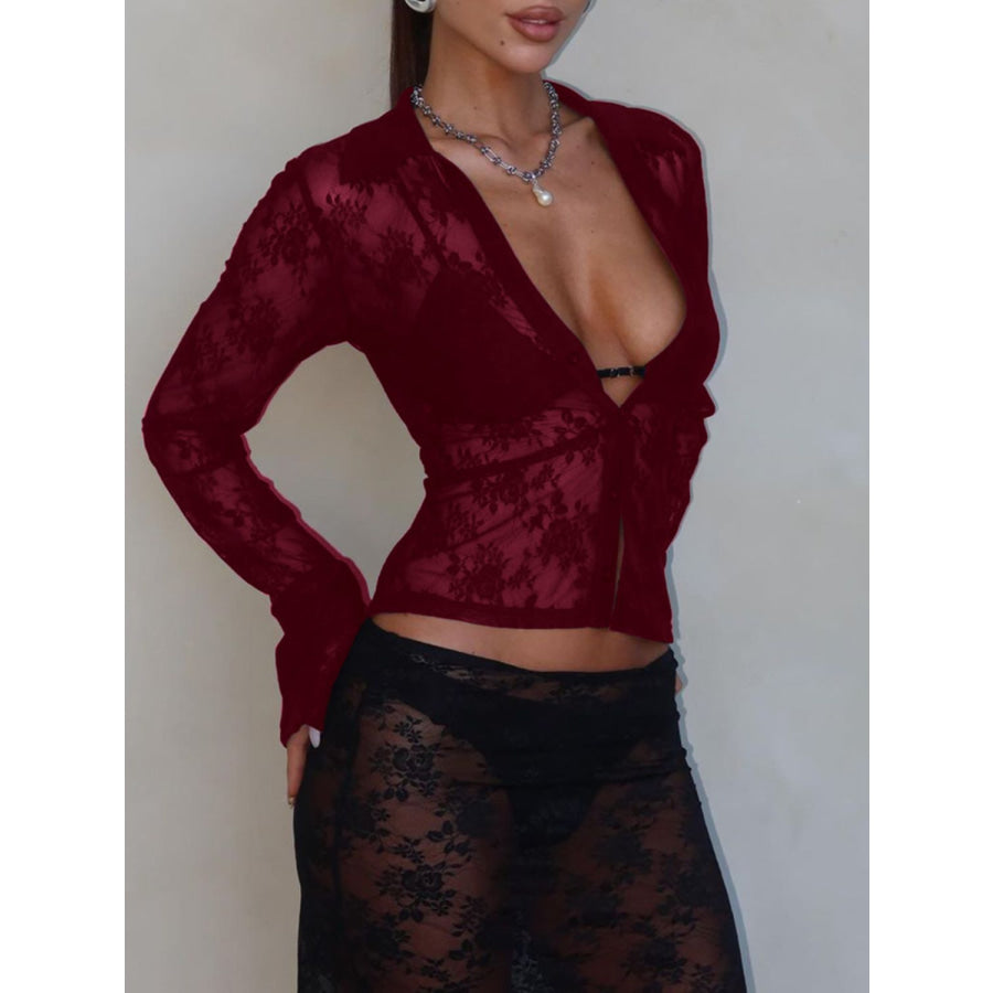 Devine Plunge Long Sleeve Lace Top Apparel and Accessories