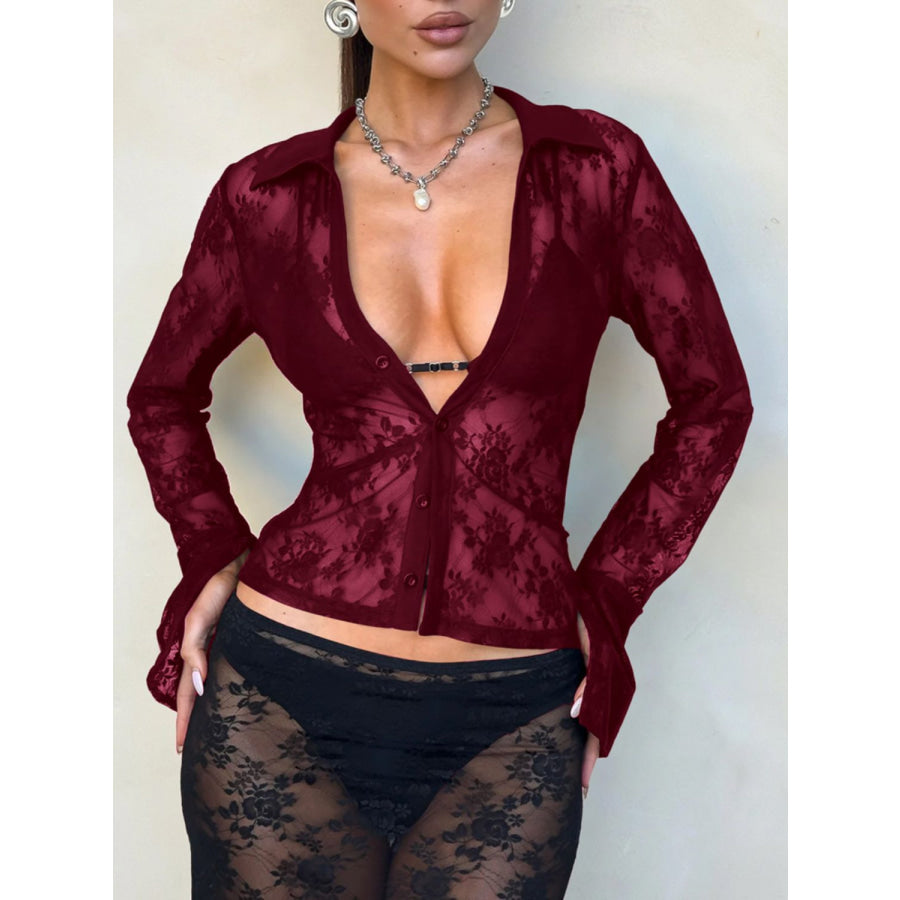 Devine Plunge Long Sleeve Lace Top Burgundy / S Apparel and Accessories