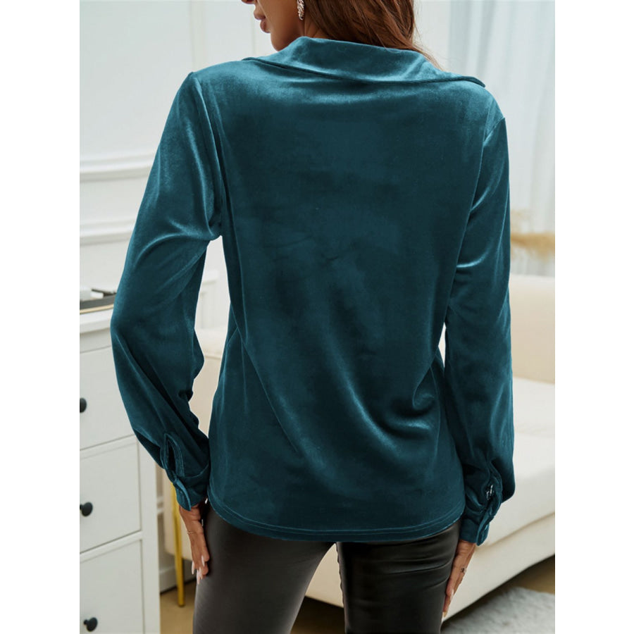 Devine Pocketed Collared Neck Long Sleeve Shirt Apparel and Accessories