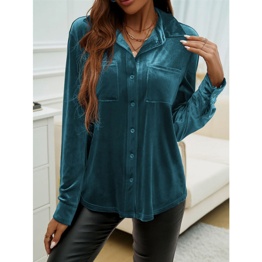 Devine Pocketed Collared Neck Long Sleeve Shirt Deep Teal / S Apparel and Accessories