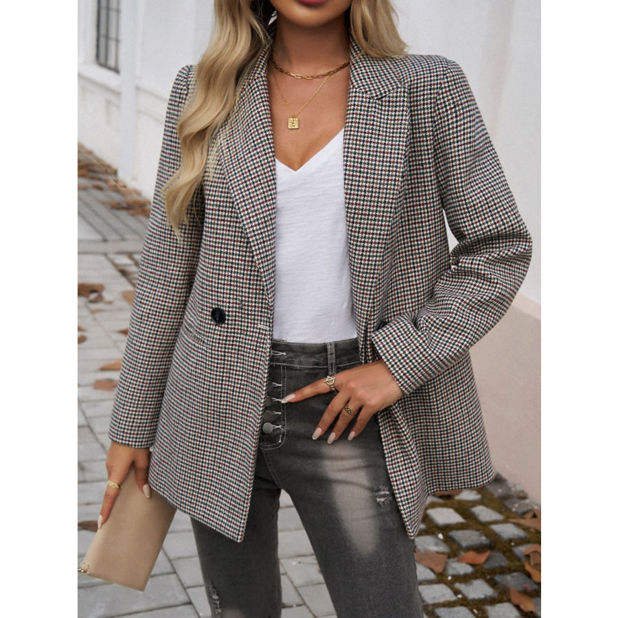 Devine Pocketed Houndstooth Long Sleeve Blazer Apparel and Accessories