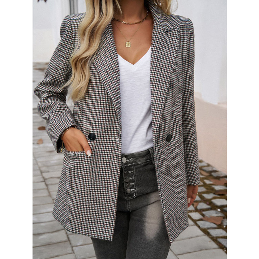 Devine Pocketed Houndstooth Long Sleeve Blazer Apparel and Accessories