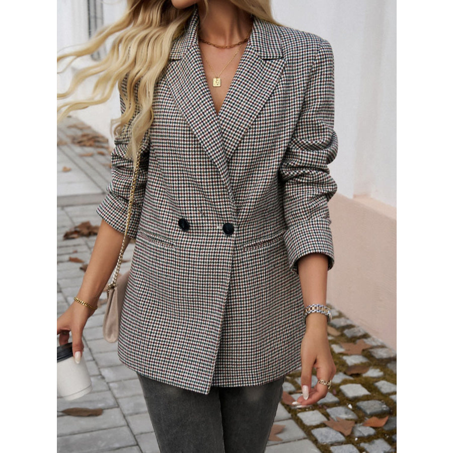 Devine Pocketed Houndstooth Long Sleeve Blazer Apparel and Accessories