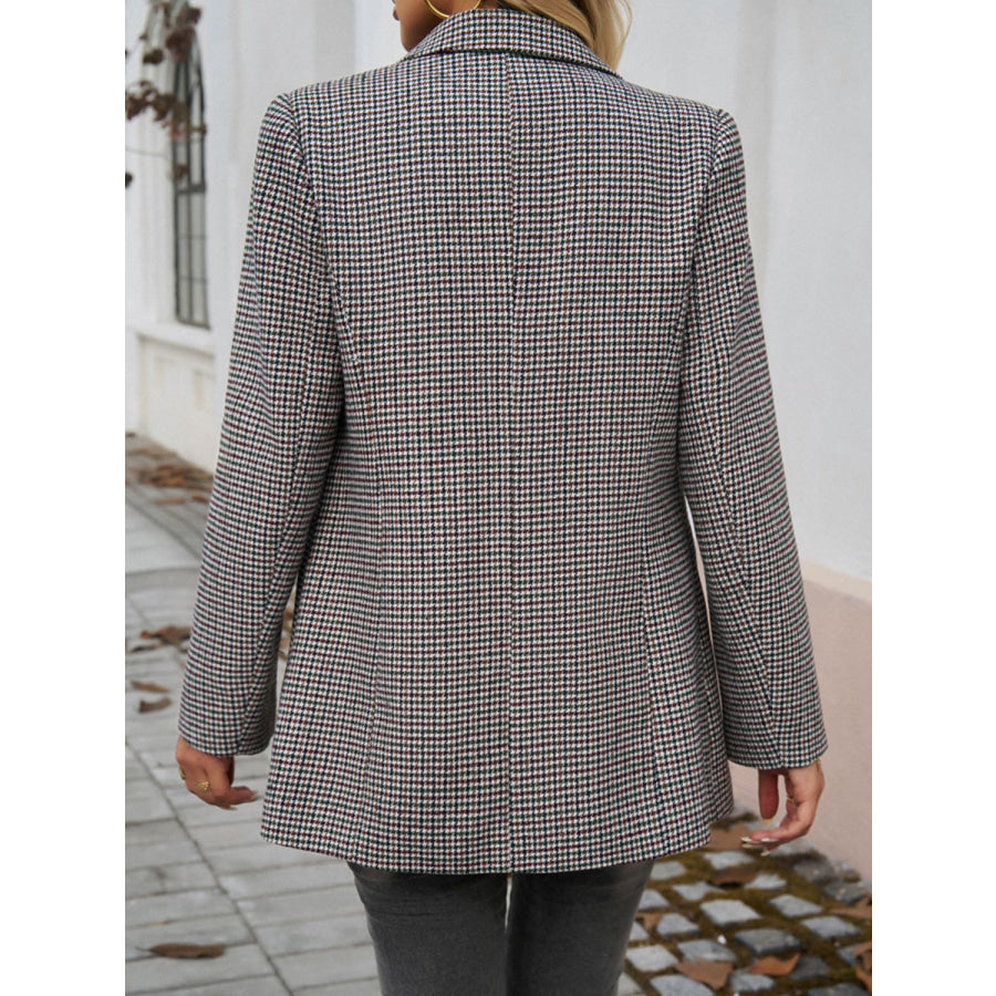 Devine Pocketed Houndstooth Long Sleeve Blazer Apparel and Accessories