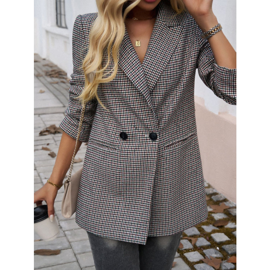 Devine Pocketed Houndstooth Long Sleeve Blazer Apparel and Accessories