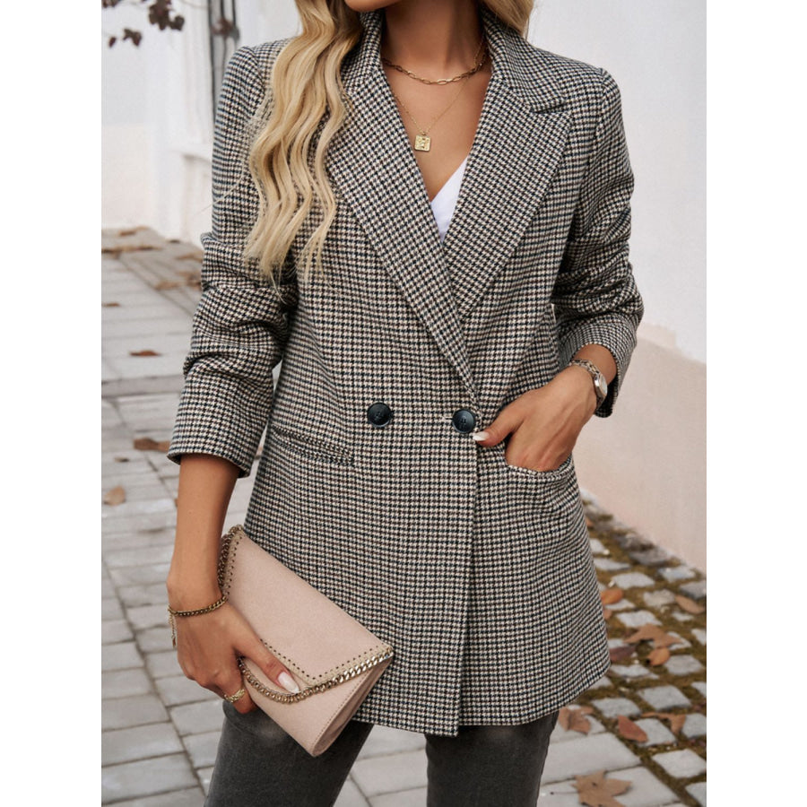 Devine Pocketed Houndstooth Long Sleeve Blazer Black / L Apparel and Accessories