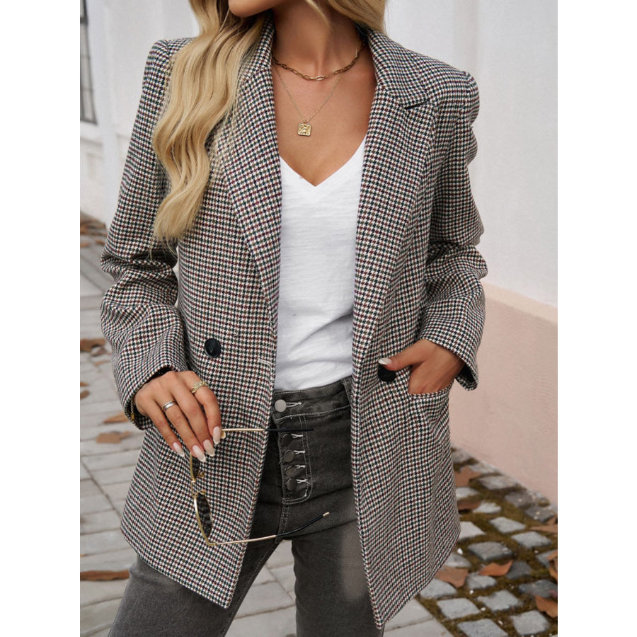 Devine Pocketed Houndstooth Long Sleeve Blazer Plaid / S Apparel and Accessories