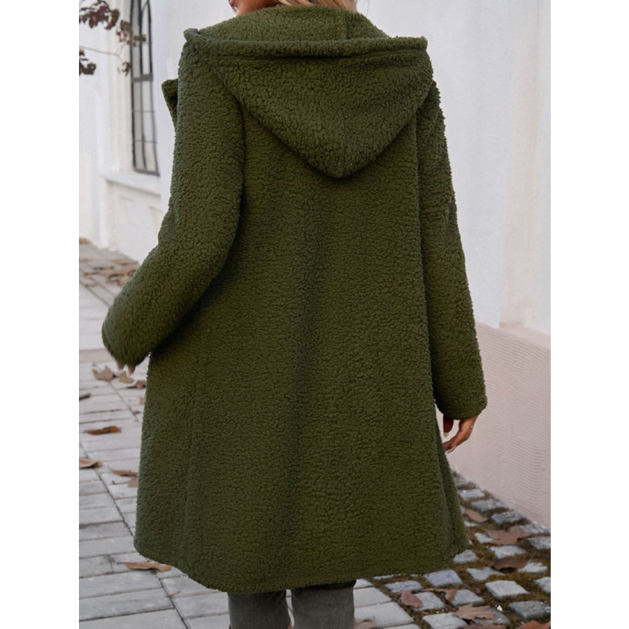 Devine Pocketed Long Sleeve Hooded Teddy Coat Army Green / S Apparel and Accessories