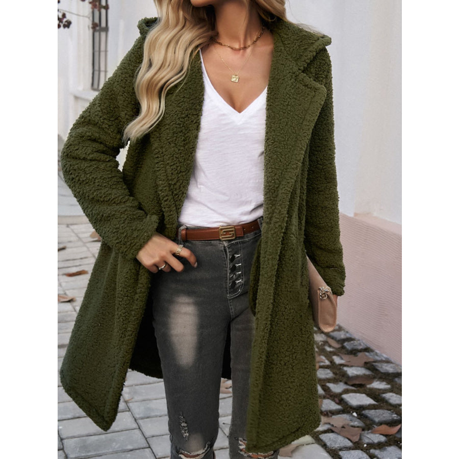 Devine Pocketed Long Sleeve Hooded Teddy Coat Army Green / S Apparel and Accessories