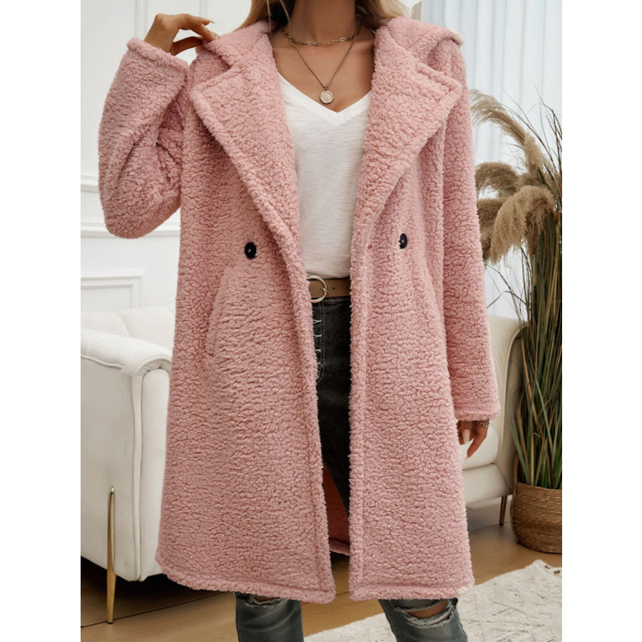 Devine Pocketed Long Sleeve Hooded Teddy Coat Dusty Pink / S Apparel and Accessories