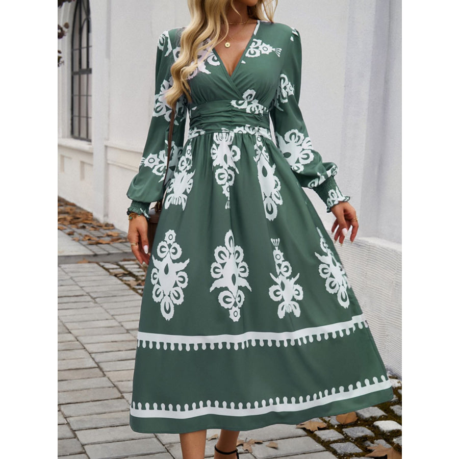 Devine Printed Surplice Lantern Sleeve Midi Dress Apparel and Accessories