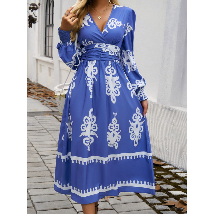 Devine Printed Surplice Lantern Sleeve Midi Dress Apparel and Accessories