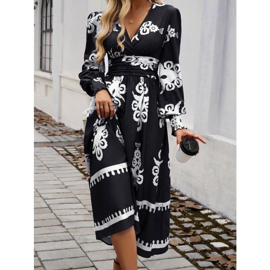 Devine Printed Surplice Lantern Sleeve Midi Dress Apparel and Accessories