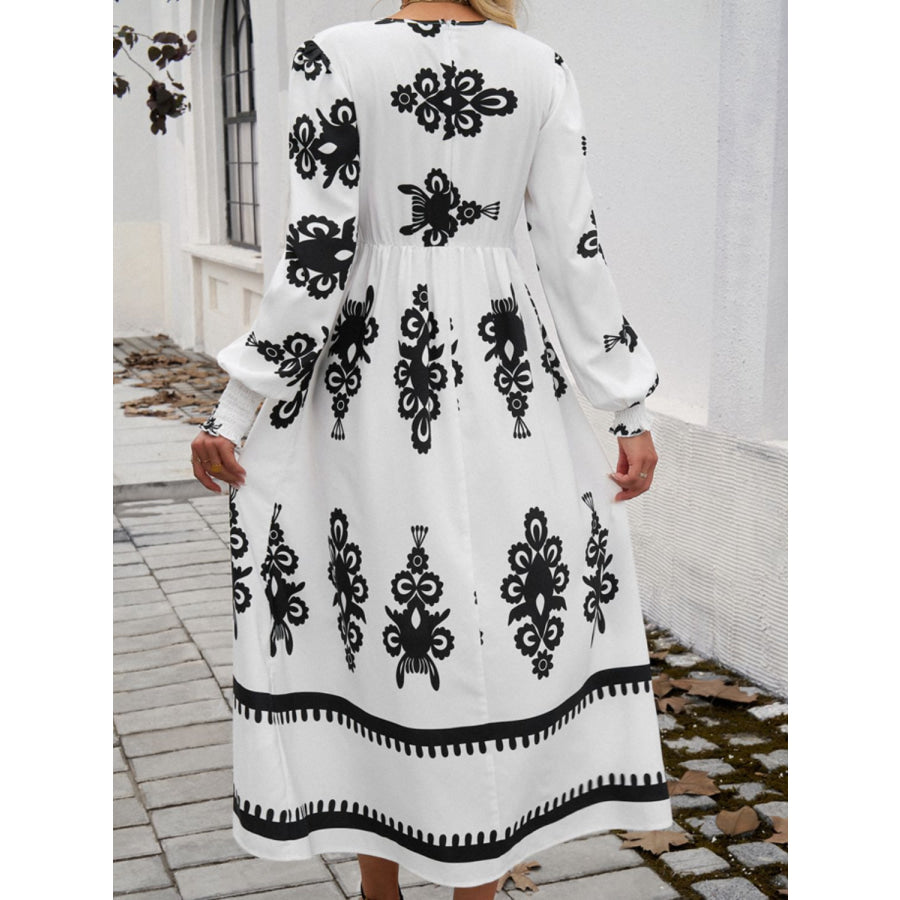 Devine Printed Surplice Lantern Sleeve Midi Dress Apparel and Accessories