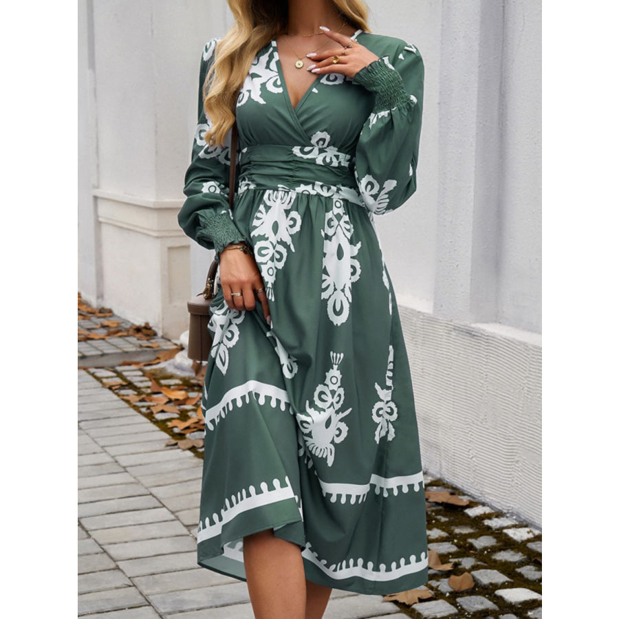 Devine Printed Surplice Lantern Sleeve Midi Dress Apparel and Accessories