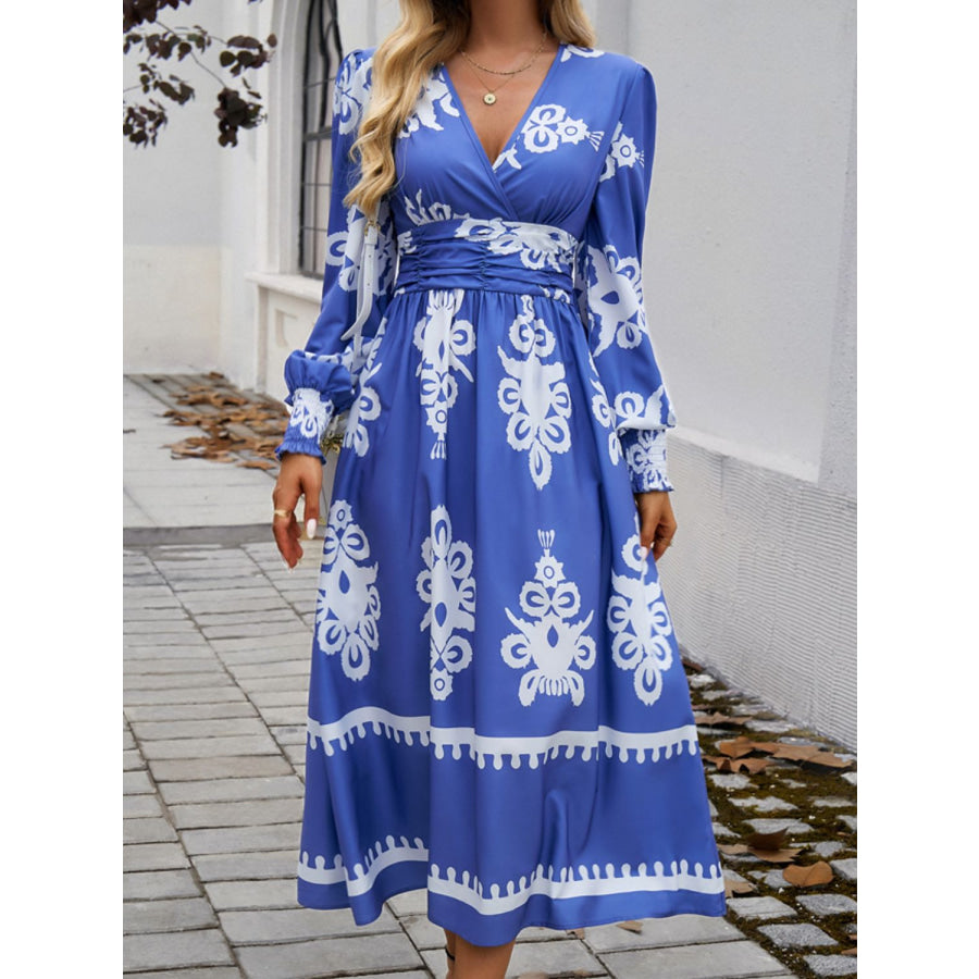 Devine Printed Surplice Lantern Sleeve Midi Dress Apparel and Accessories