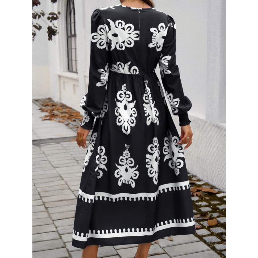 Devine Printed Surplice Lantern Sleeve Midi Dress Apparel and Accessories