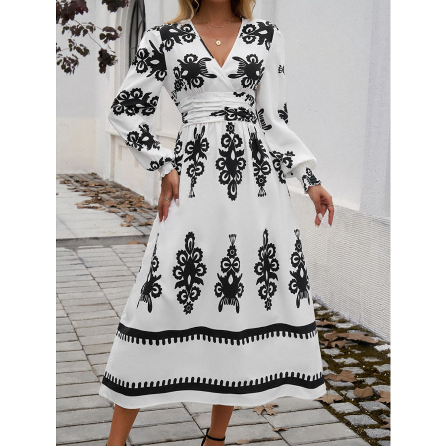 Devine Printed Surplice Lantern Sleeve Midi Dress Apparel and Accessories