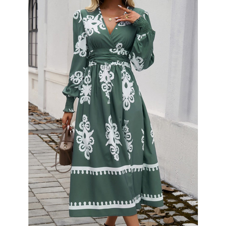 Devine Printed Surplice Lantern Sleeve Midi Dress Army Green / S Apparel and Accessories