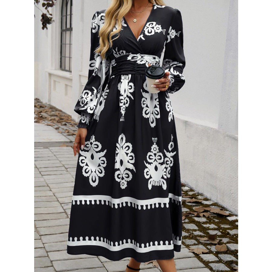 Devine Printed Surplice Lantern Sleeve Midi Dress Black / S Apparel and Accessories